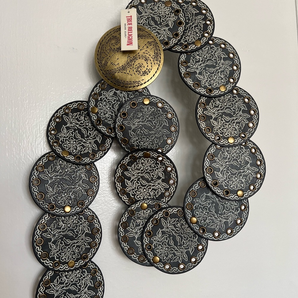 True Religion Black and Gold Decorative Medallion Belt